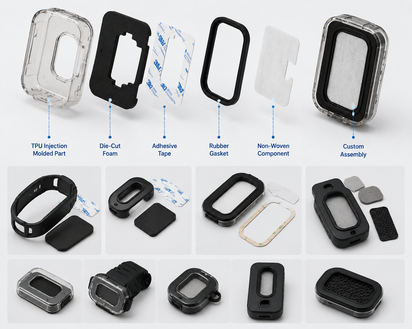 Precision molded TPU parts combined with die-cut foam, adhesive tape, rubber gasket, and non-woven components for custom assemblies