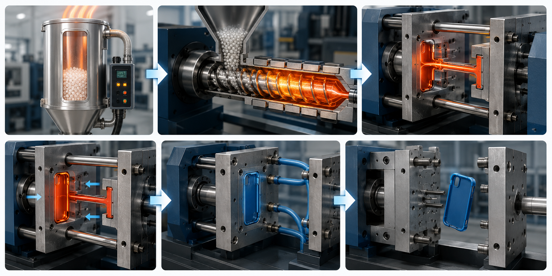 TPU injection molding process showing drying, melting, injection filling, packing, cooling, and demolding