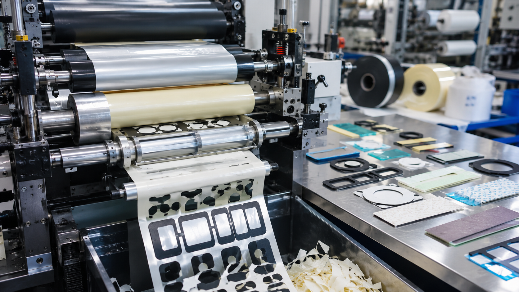 Precision die cutting of foam rubber PET film and adhesive tape components