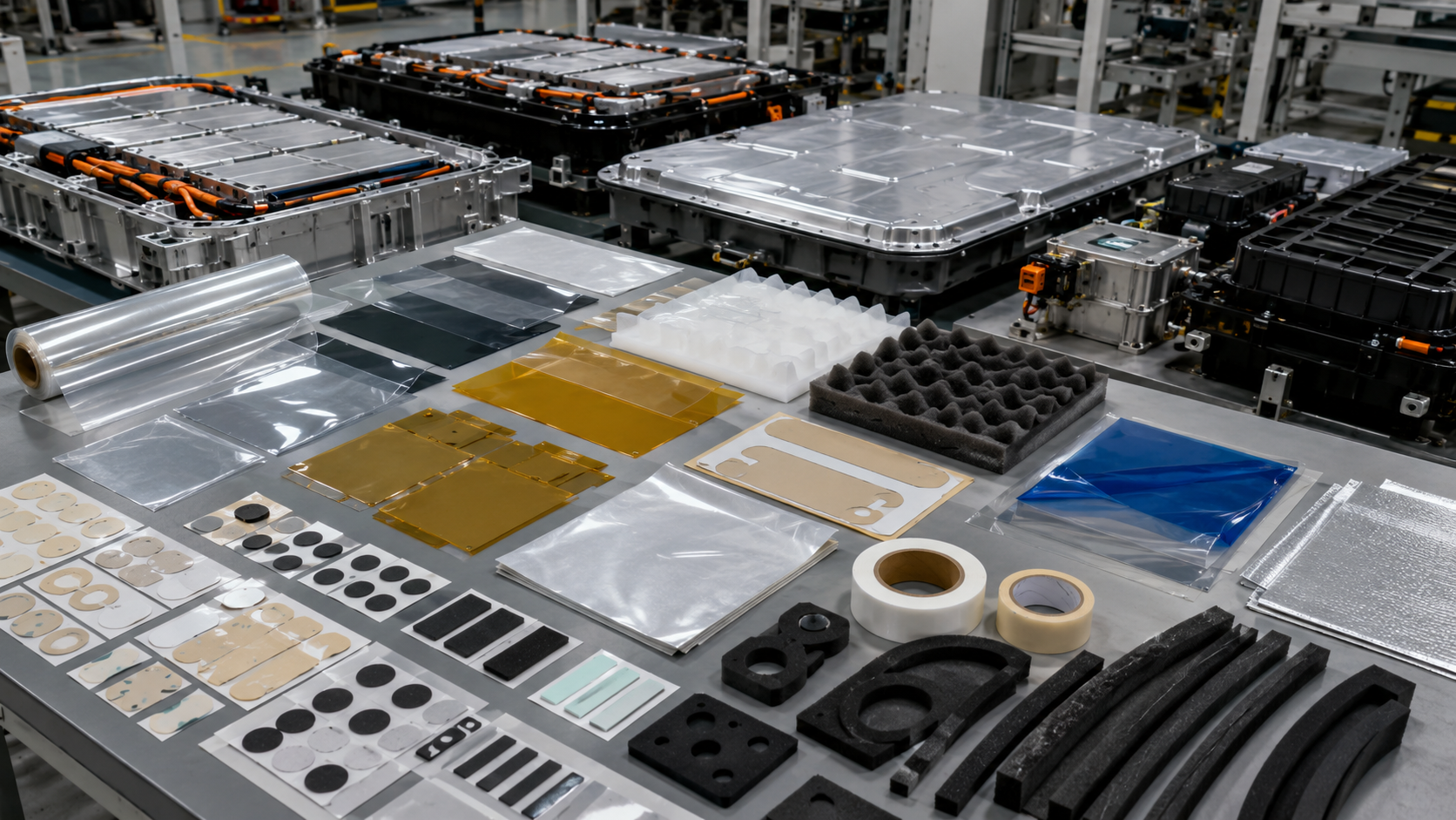 Die cut PET foam rubber and tape materials for EV battery pack assembly