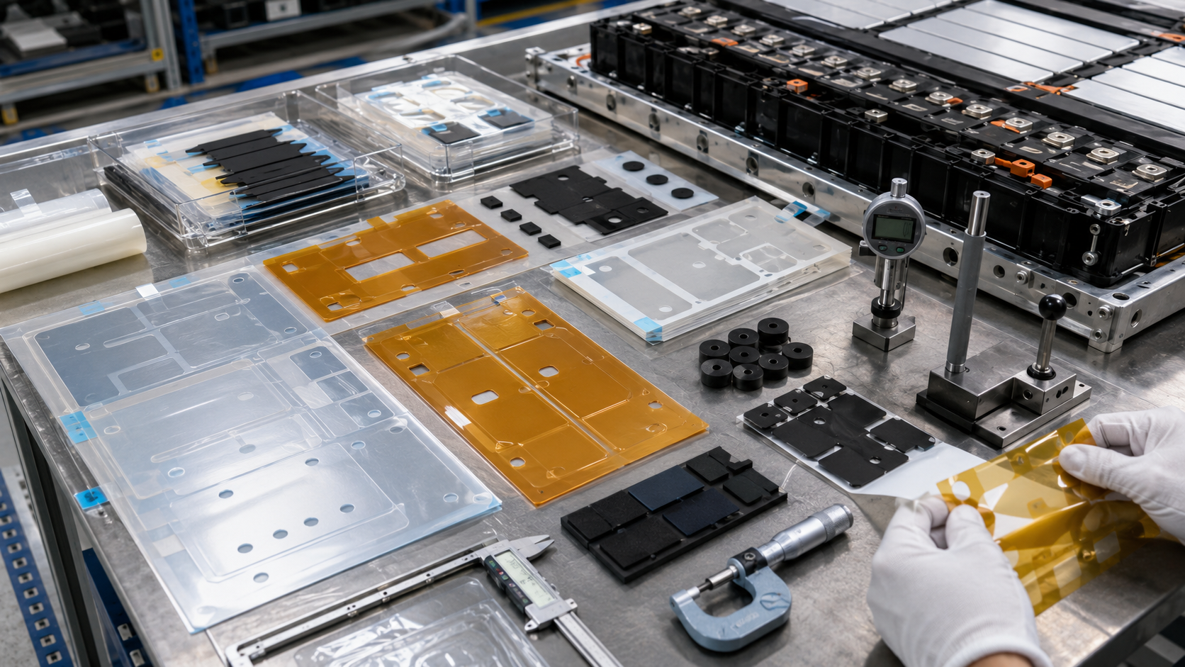 Custom die cut insulation films and foam pads for EV battery modules
