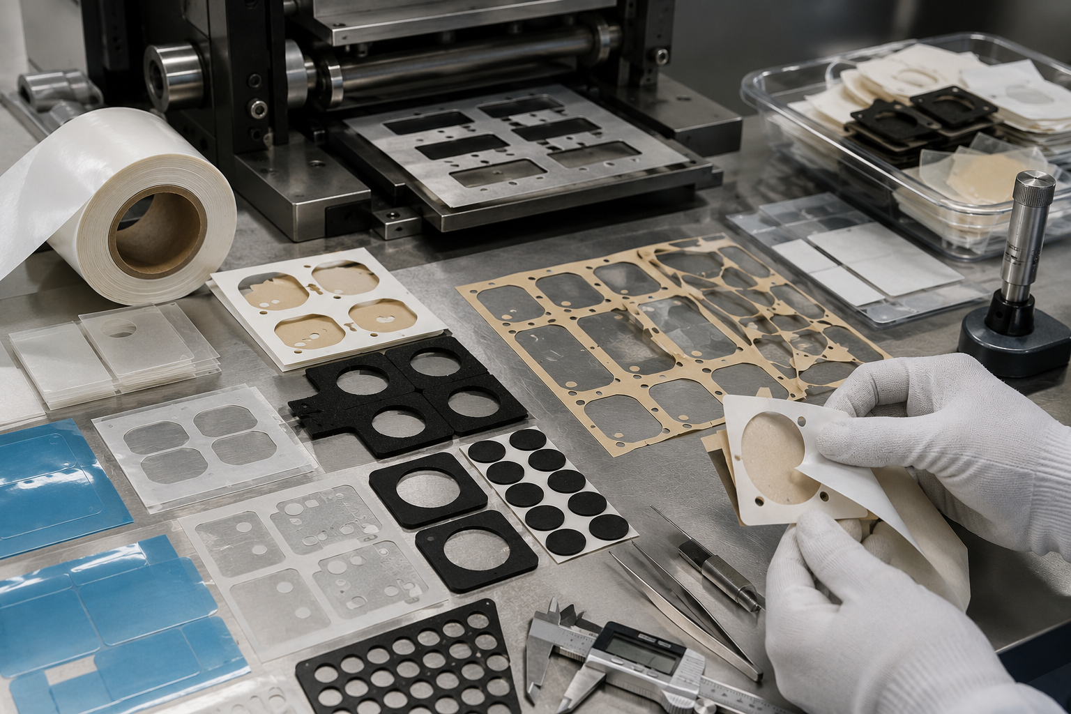 Adhesive-backed custom die cut parts with kiss cutting and waste removal