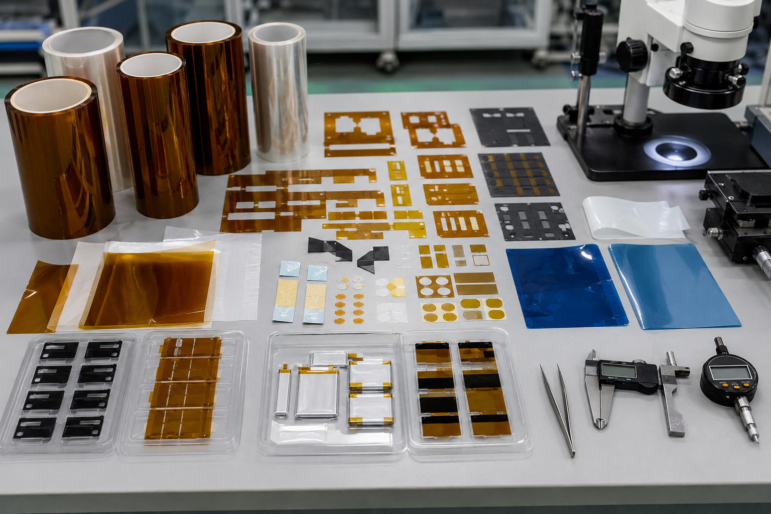 Realistic electronics insulation film material overview showing die cut PET insulation films, amber PI insulation films, adhesive-backed insulation films, battery protection pieces, PCB insulation parts, connector protection films, protective films, release liners, clean trays, tweezers, digital calipers and optical inspection tools on a clean factory workbench