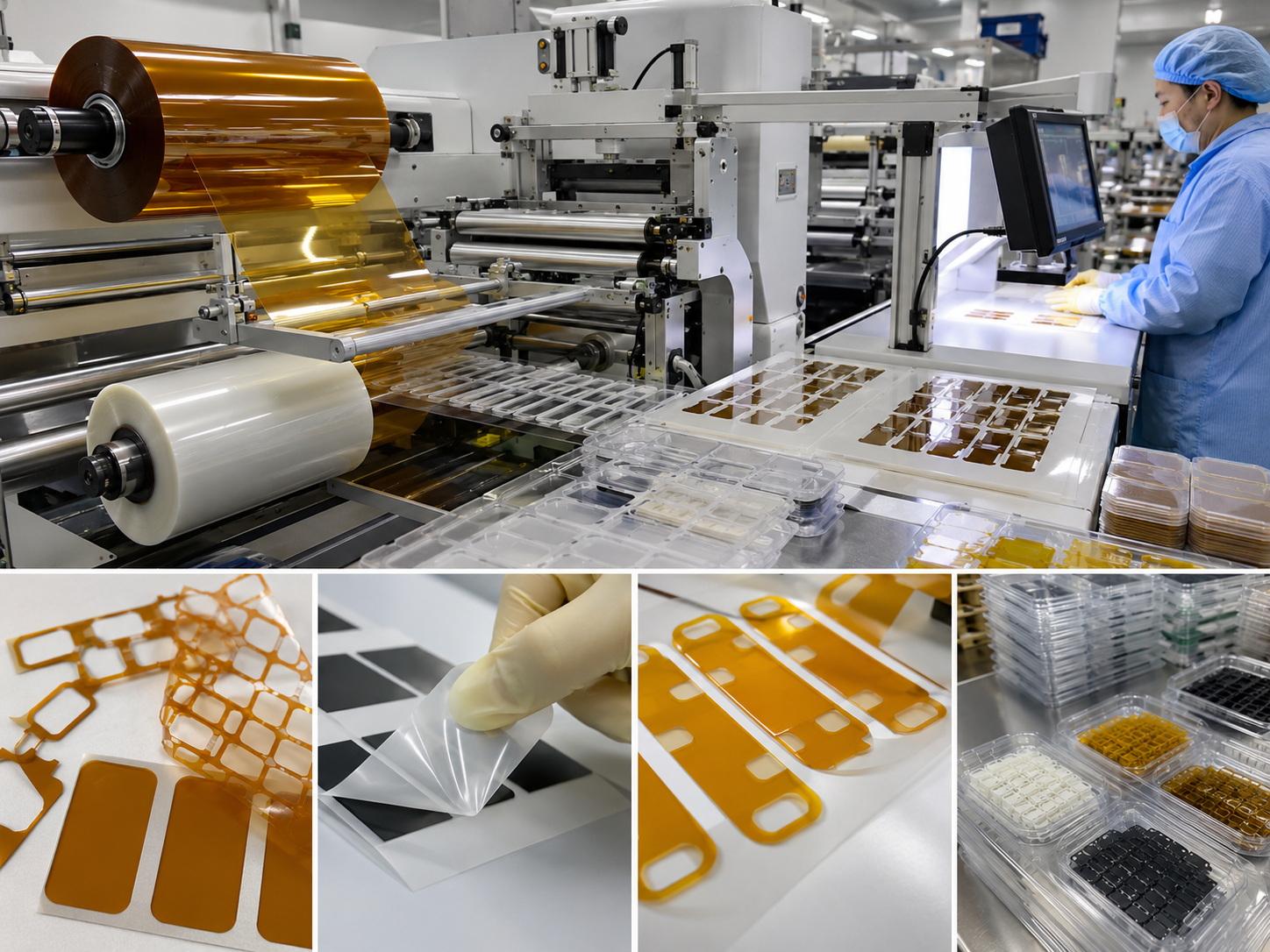 Professional electronics film die cutting and material converting scene showing roll-to-roll processing of PET insulation films, amber PI insulation films, adhesive-backed film parts, protective films with pull tabs, kiss-cut parts on release liner, waste matrix removal, optical inspection tools and clean packaging trays