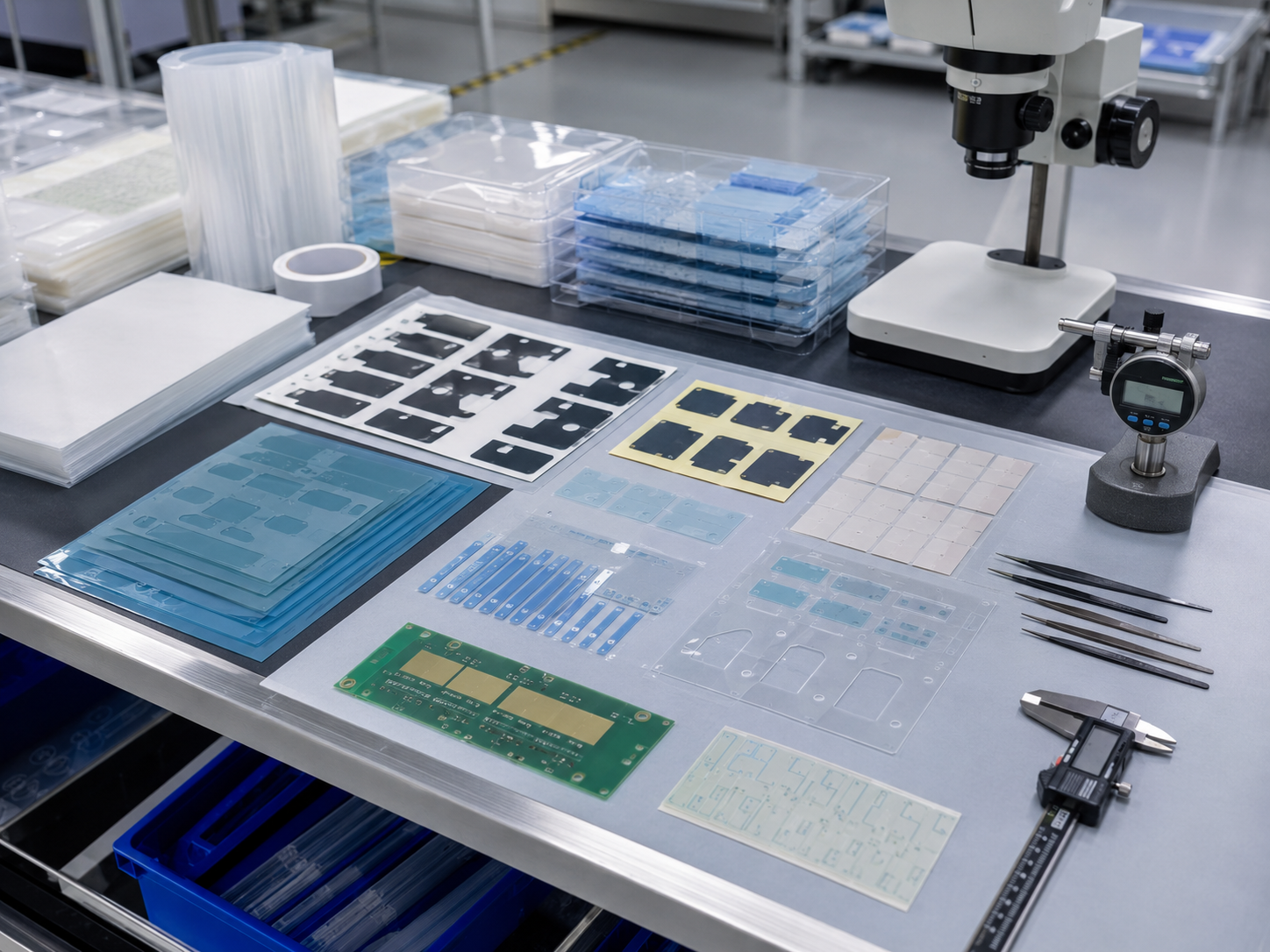Realistic electronics insulation film workbench showing custom die-cut PET insulation films, adhesive-backed PET film parts, battery protection pieces, PCB insulation films, connector protection films, protective films, release liners, clean trays, tweezers, digital calipers, thickness gauges, and optical inspection tools in a clean factory environment