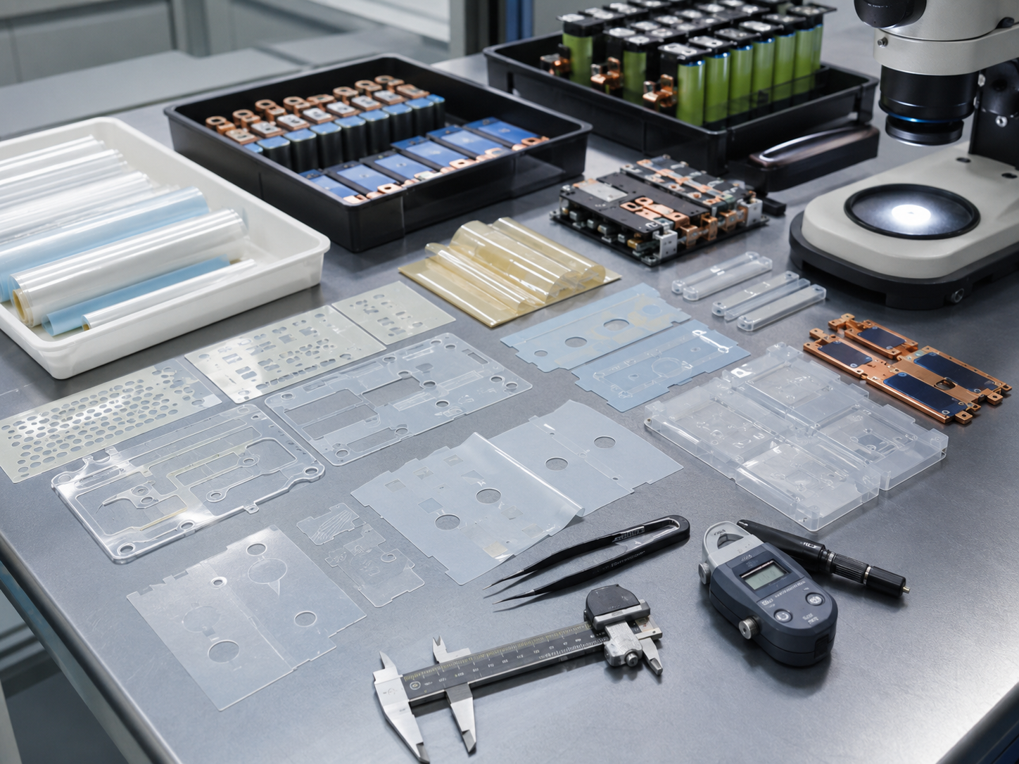 Clean factory inspection scene showing custom die-cut PET insulation films used for battery modules, busbar protection, PCB insulation, connector protection, and electronic module assembly, with adhesive-backed film samples, release liners, tweezers, calipers, thickness gauges, anti-static tools, optical inspection equipment, and organized clean trays