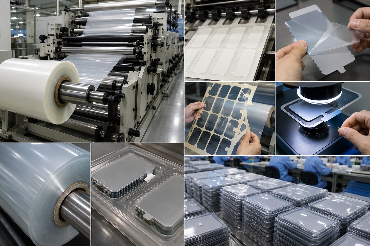 Professional electronics PET film die cutting and material converting scene showing roll-to-roll processing of PET insulation films, adhesive-backed PET film parts, protective films with pull tabs, kiss-cut parts on release liner, waste matrix removal, optical inspection tools, clean packaging trays, and organized OEM production batches