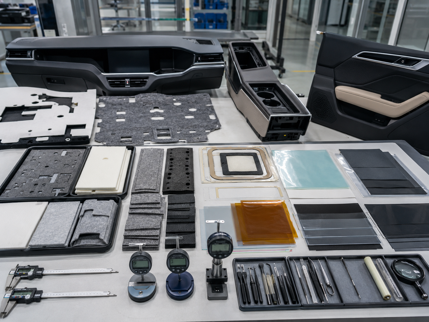 Realistic electric vehicle interior trim die cutting material overview showing foam pads, non-woven felt strips, rubber damping pads, adhesive tape frames, PET insulation films, amber PI films, protective films, black light-blocking films, dashboard trim samples, center console parts, door panel samples, clean trays, calipers, and thickness gauges on a professional factory workbench