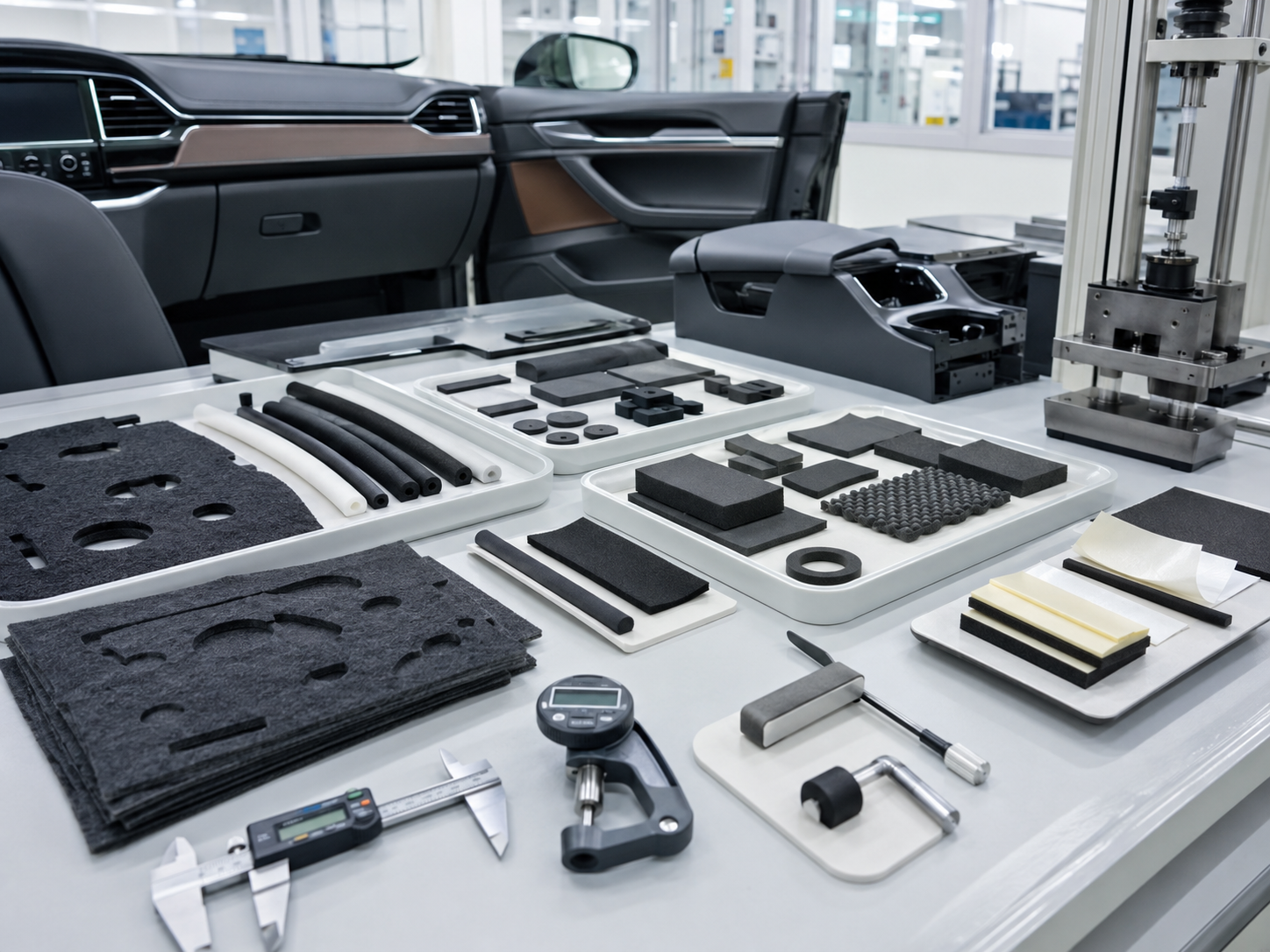Clean EV interior trim material inspection scene showing die cut non-woven felt pads, PE foam strips, EVA foam pads, EPDM foam gaskets, rubber damping pads, adhesive-backed foam parts, dashboard trim samples, door panel parts, compression testing blocks, peel testing tools, calipers, and clean trays