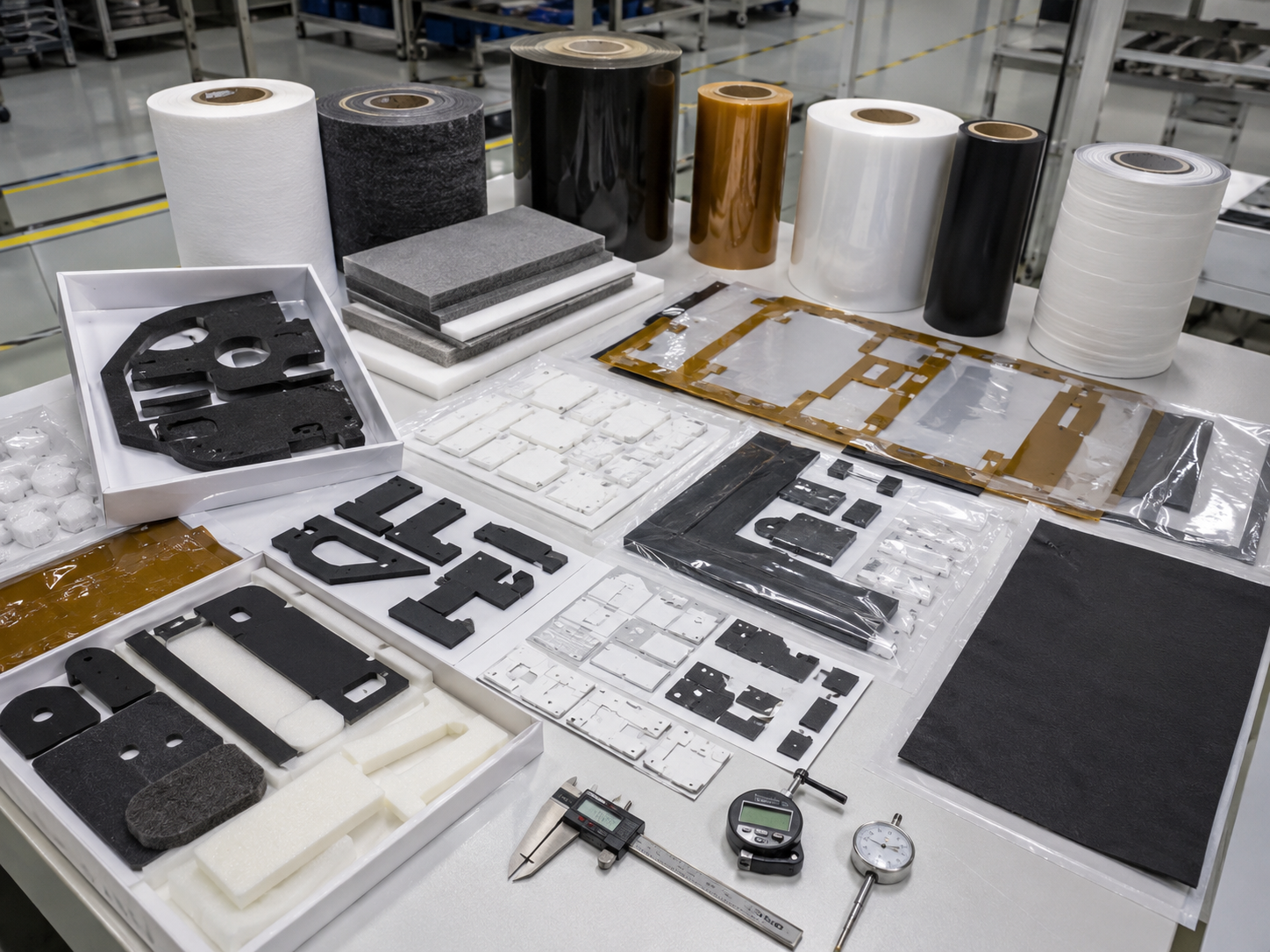 Professional EV interior trim die cut materials packaging scene showing foam pads, non-woven felt NVH components, rubber damping pads, adhesive tape frames, PET films, PI films, protective films, black PET films, kiss-cut parts on release liners, sheets, rolls, kits, clean trays, packaging bags, calipers, and inspection tools