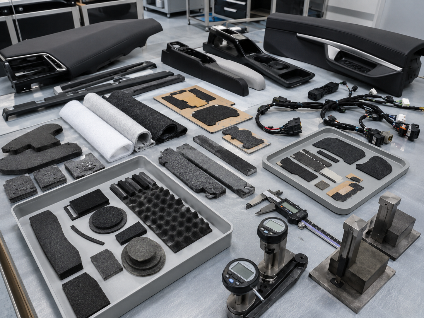 Realistic EV interior NVH die cut parts overview showing foam anti-rattle pads, non-woven felt strips, rubber damping pads, adhesive-backed cushioning parts, dashboard trim samples, door panel components, center console parts, wire harness sections, clean trays, digital calipers, thickness gauges, and compression testing blocks on a professional factory workbench