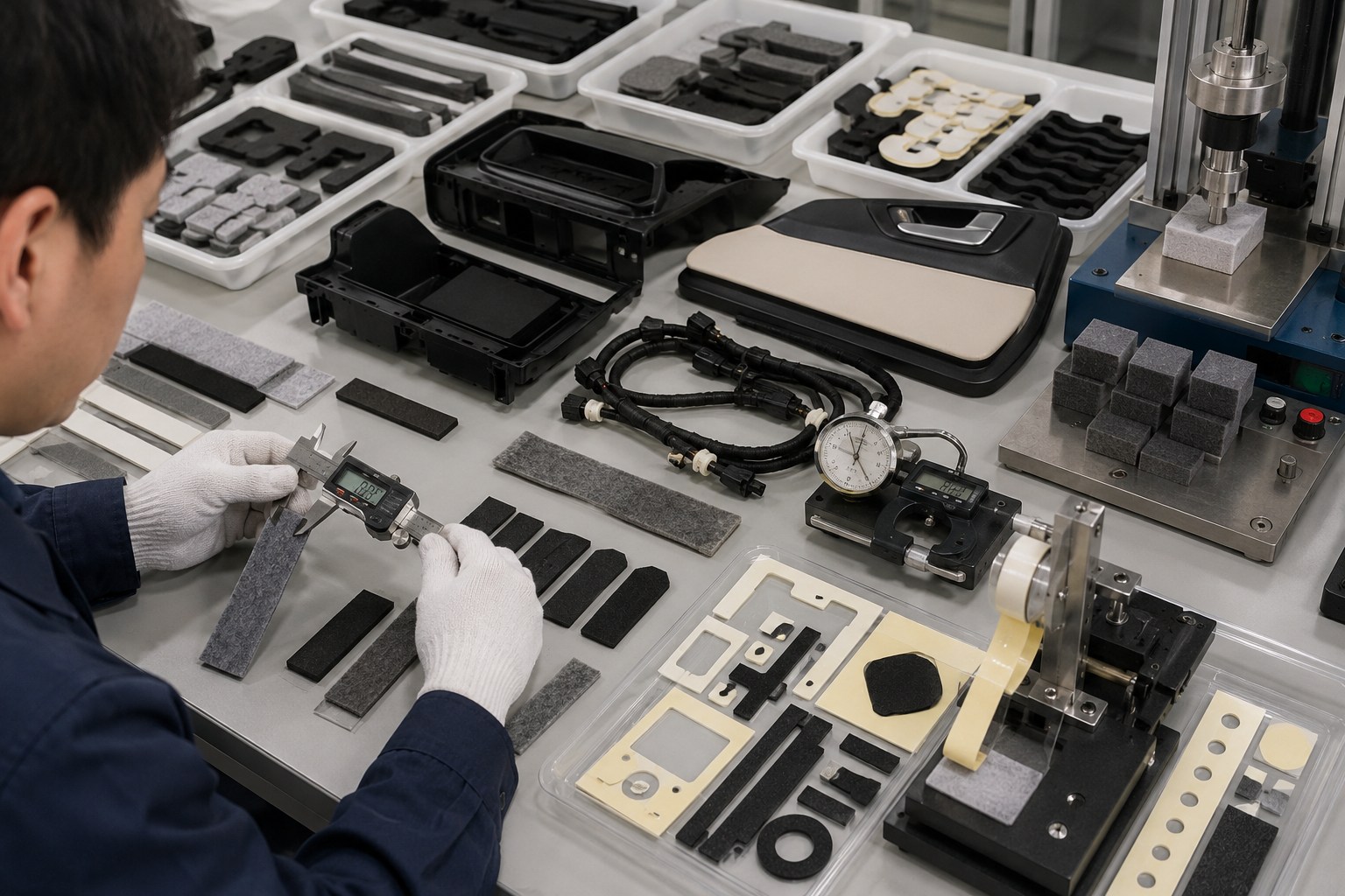 Clean EV interior NVH material inspection scene showing die cut non-woven felt pads, PE foam strips, EVA foam pads, EPDM foam gaskets, rubber damping pads, adhesive-backed foam and felt parts, dashboard trim samples, door panel parts, wire harness samples, compression blocks, peel testing tools, calipers, and clean trays