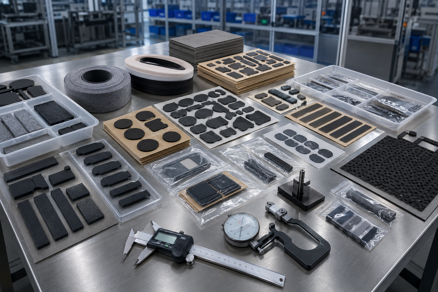 Professional EV interior NVH die cut parts packaging scene showing foam anti-rattle pads, non-woven felt strips, rubber damping pads, adhesive-backed cushioning parts, kiss-cut parts on release liners, sheets, rolls, kits, clean trays, packaging bags, calipers, thickness gauges, and inspection tools