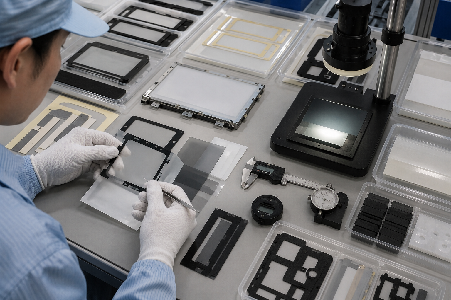 Clean display module light-control film inspection scene showing black PET light-blocking frames, diffuser film samples, reflective film parts, adhesive tape frames, PET protective films, foam spacers, backlight module samples, tweezers, release liners, clean trays, optical inspection tools, and calipers