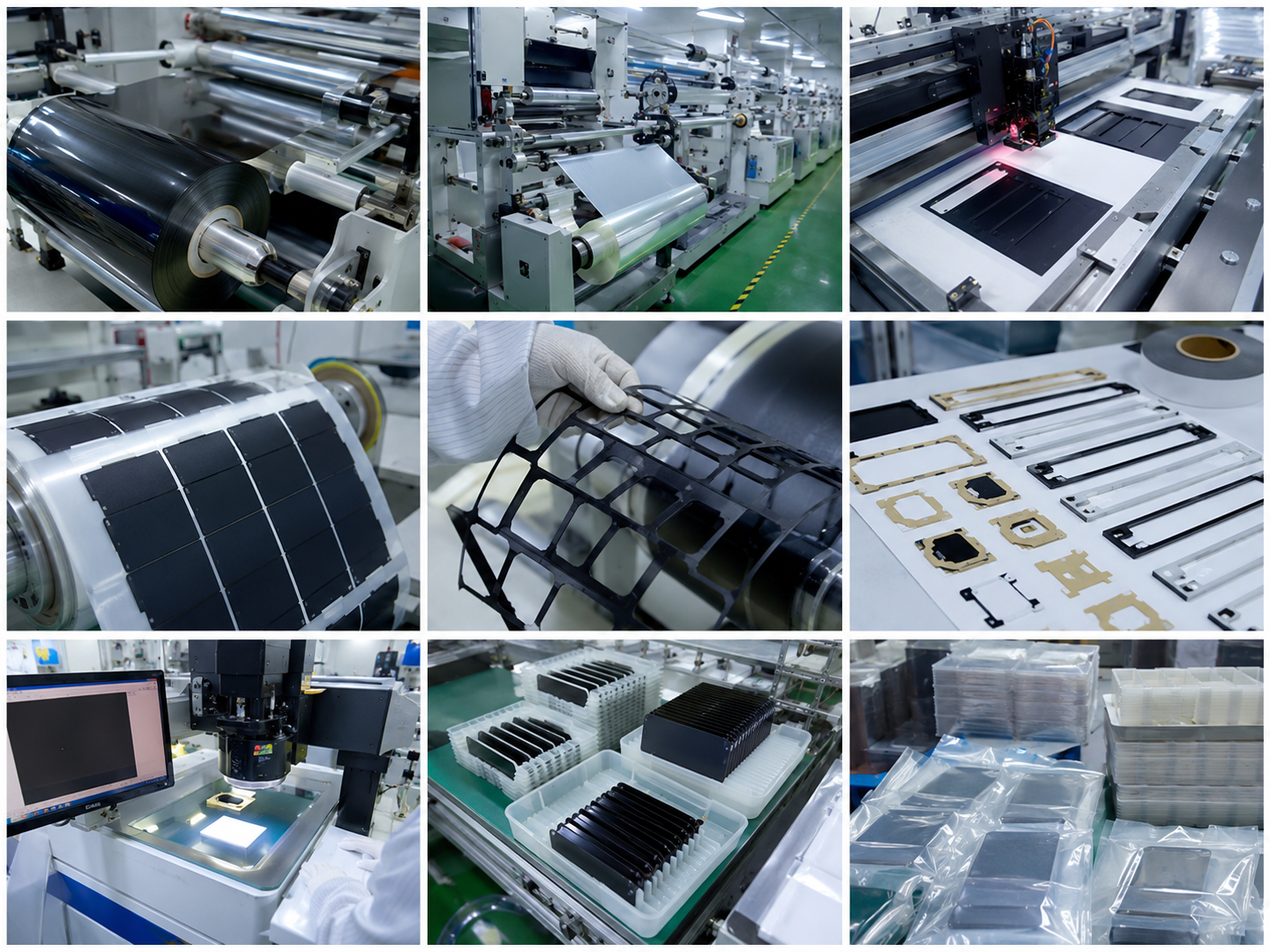 Professional optical film die cutting and material converting scene showing roll-to-roll processing of protective films, black PET light-blocking films, adhesive tape frames, foam spacers, kiss-cut parts on release liner, waste matrix removal, optical inspection equipment, clean trays, and organized display assembly batches