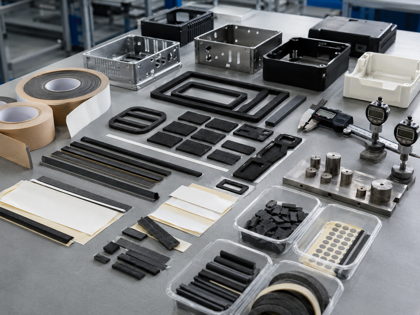 Realistic industrial sealing workbench showing adhesive-backed foam gasket tape, die cut foam strips, foam sealing frames, foam pads, release liners, rubber gaskets, metal enclosure samples, plastic housing samples, calipers, thickness gauges, compression testing blocks, and clean trays in a professional factory environment