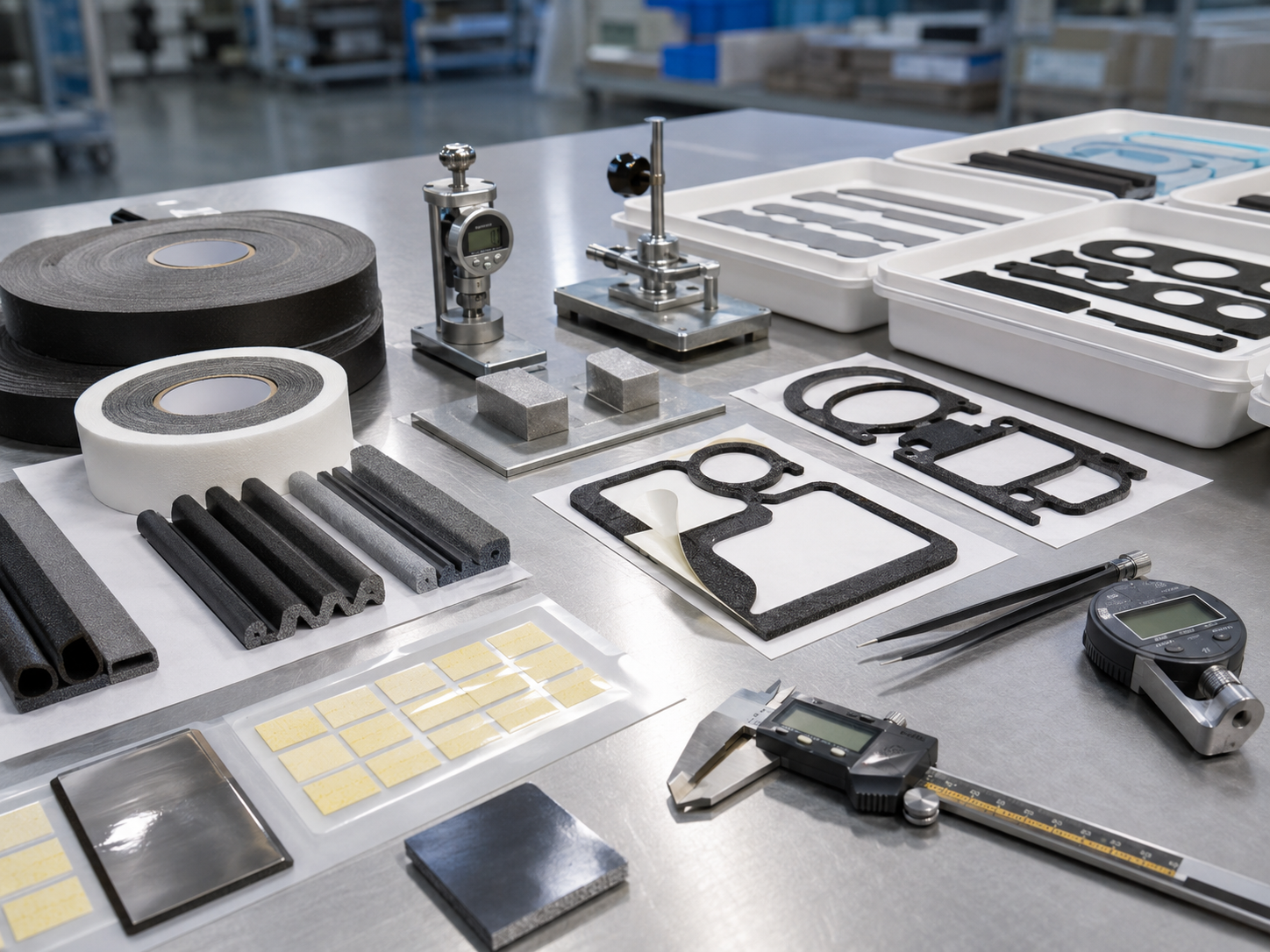 Clean factory inspection scene showing adhesive-backed foam gasket tape, foam sealing strips, kiss-cut foam gaskets on release liner, peel testing tools, compression testing blocks, plastic and metal bonding samples, digital calipers, thickness gauges, tweezers, and organized OEM trays