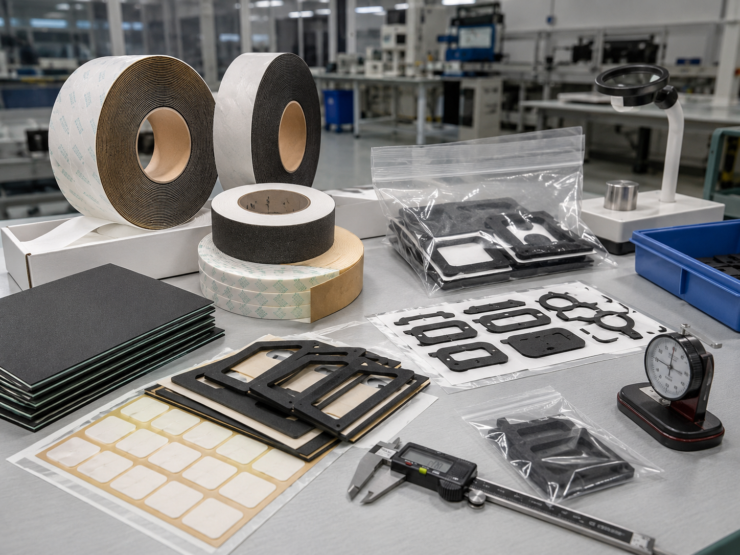 Professional industrial foam gasket tape packaging scene showing adhesive-backed foam strips, die cut foam frames, foam pads, kiss-cut gasket tape on release liners, rolls, sheets, kits, clean trays, packaging bags, calipers, thickness gauges, and inspection tools on a clean factory workstation