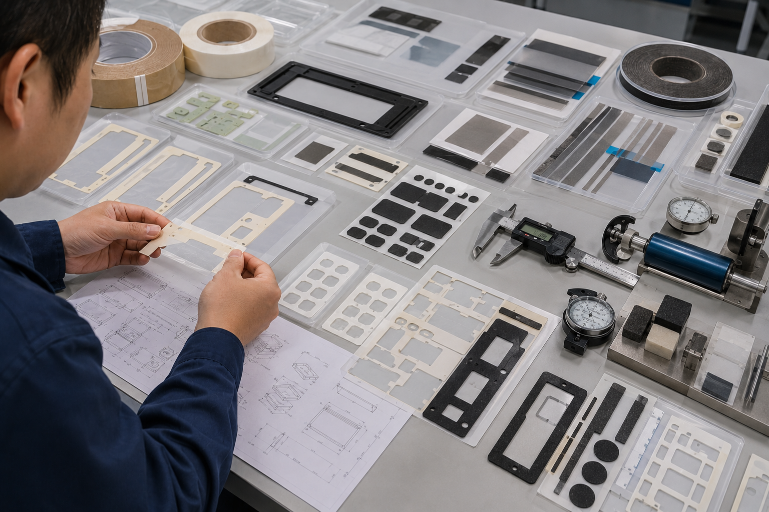 Realistic adhesive tape die cut quotation preparation scene showing double-sided tape frames, foam tape gaskets, PET-backed adhesive parts, transfer adhesive films, protective films with pull tabs, release liners, product drawings, calipers, thickness gauges, peel testing tools, and clean trays on a professional factory workbench