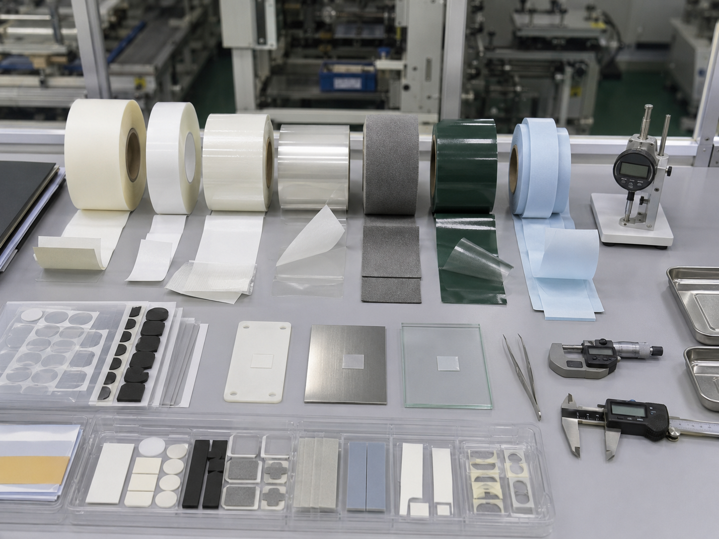 Professional adhesive tape die cutting and packaging scene showing kiss-cut adhesive tape frames on release liner, foam tape gaskets, PET-backed adhesive parts, pull-tab protective films, sheets, rolls, clean trays, packaging bags, calipers, thickness gauges, and organized OEM production batches