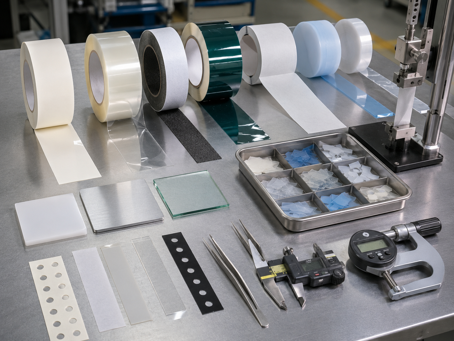 Clean adhesive tape material selection scene showing different adhesive tape structures, double-sided tape, transfer adhesive film, foam tape, PET-backed adhesive tape, release liners, plastic bonding samples, metal bonding samples, glass samples, peel testing tools, tweezers, calipers, and inspection trays