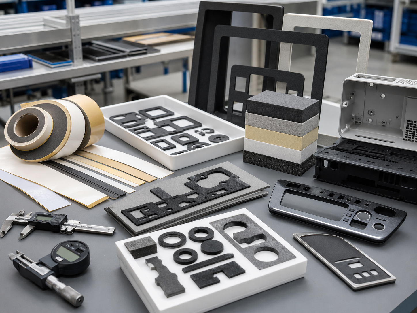 Realistic OEM foam gasket workbench showing custom die cut foam gaskets, adhesive-backed foam seals, foam strips, foam frames, electronic housings, automotive interior trim samples, appliance control panel parts, release liners, calipers, thickness gauges, compression testing blocks, and clean trays in a professional factory environment
