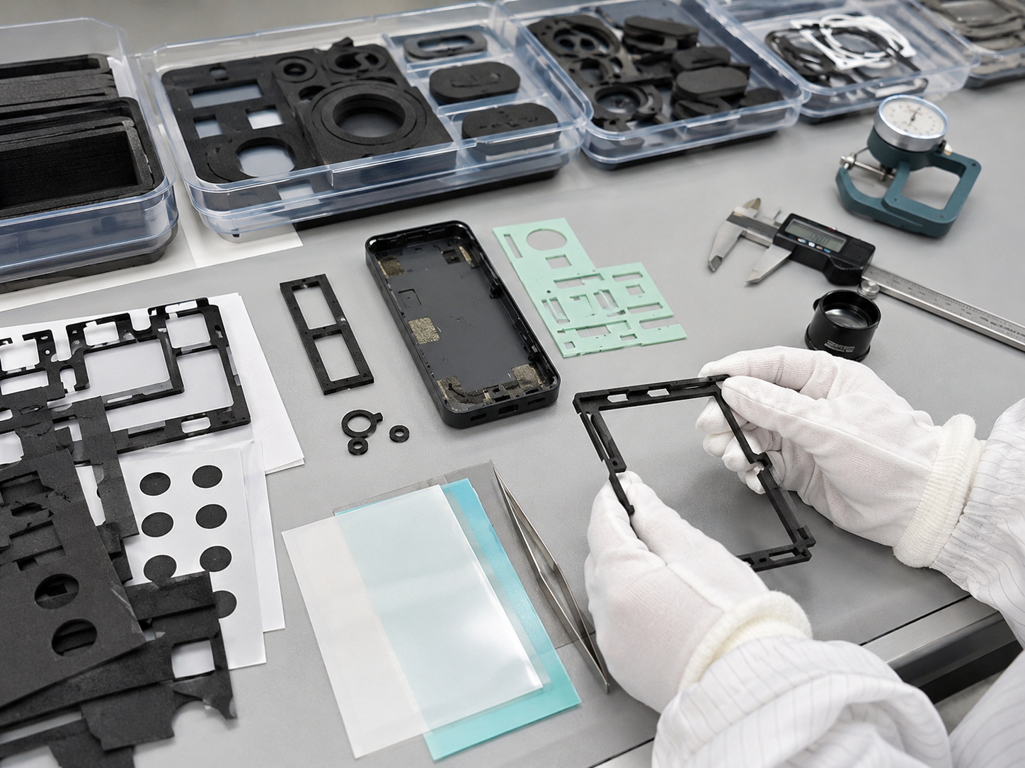 Clean electronics foam gasket inspection scene showing die cut foam gaskets, speaker foam seals, display frame foam, adhesive-backed foam spacers, PET insulation films, protective films, electronic housings, sensor parts, release liners, tweezers, calipers, thickness gauges, and optical inspection tools