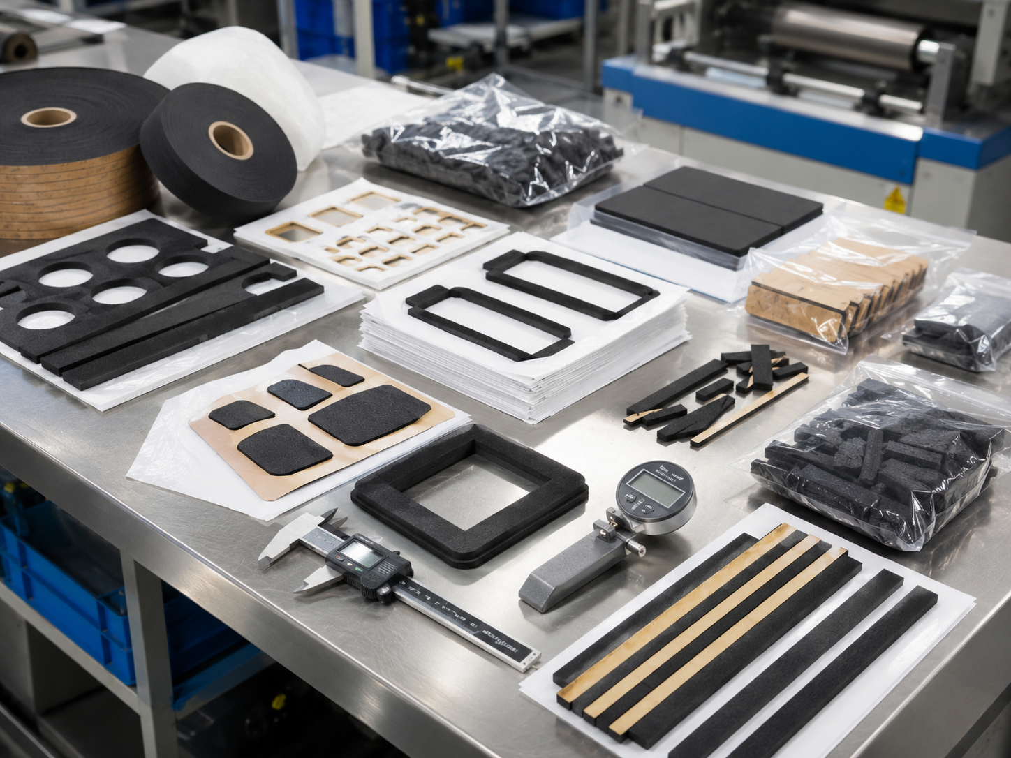 Professional foam gasket die cutting and packaging scene showing adhesive-backed foam gaskets, foam strips, foam frames, foam pads, kiss-cut parts on release liner, sheets, rolls, kits, clean trays, packaging bags, calipers, thickness gauges, and organized OEM production batches