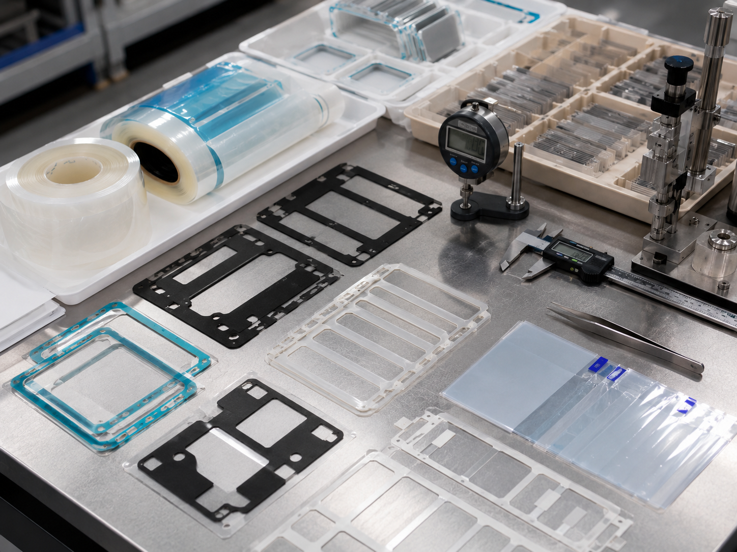 Realistic adhesive tape die cutting inspection scene showing die cut tape frames, foam tape gaskets, PET-backed adhesive parts, transfer adhesive films, protective films with pull tabs, release liners, peel testing tools, calipers, thickness gauges, tweezers, and clean OEM trays on a professional factory workbench