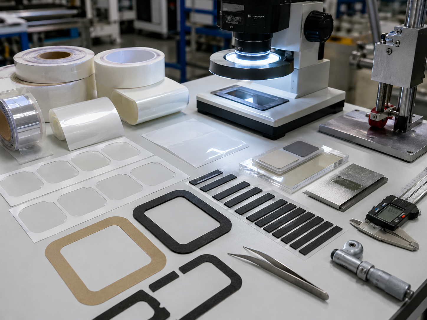 Clean adhesive tape edge lift and glue overflow prevention scene showing rounded-corner tape frames, narrow adhesive strip samples, PET-backed adhesive parts, foam tape parts, release liners, peel testing tools, bonding surface samples, tweezers, calipers, and optical inspection equipment