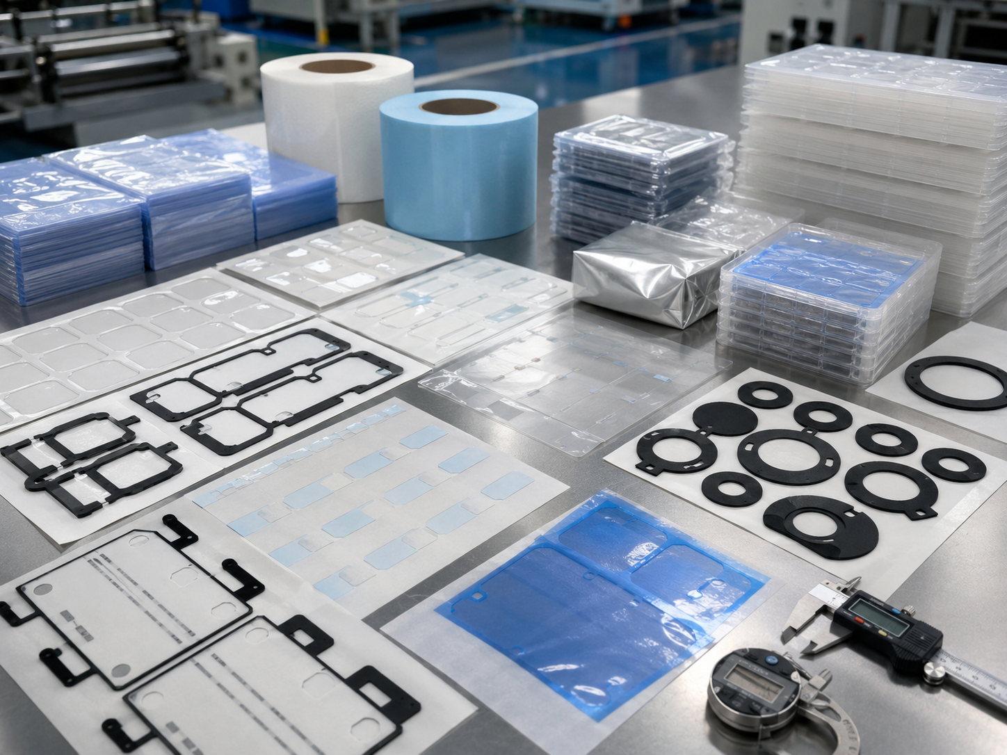 Professional adhesive tape die cut packaging scene showing kiss-cut tape frames on release liner, foam tape gaskets, PET-backed adhesive parts, protective films with pull tabs, sheets, rolls, clean trays, packaging bags, calipers, thickness gauges, and organized OEM production batches
