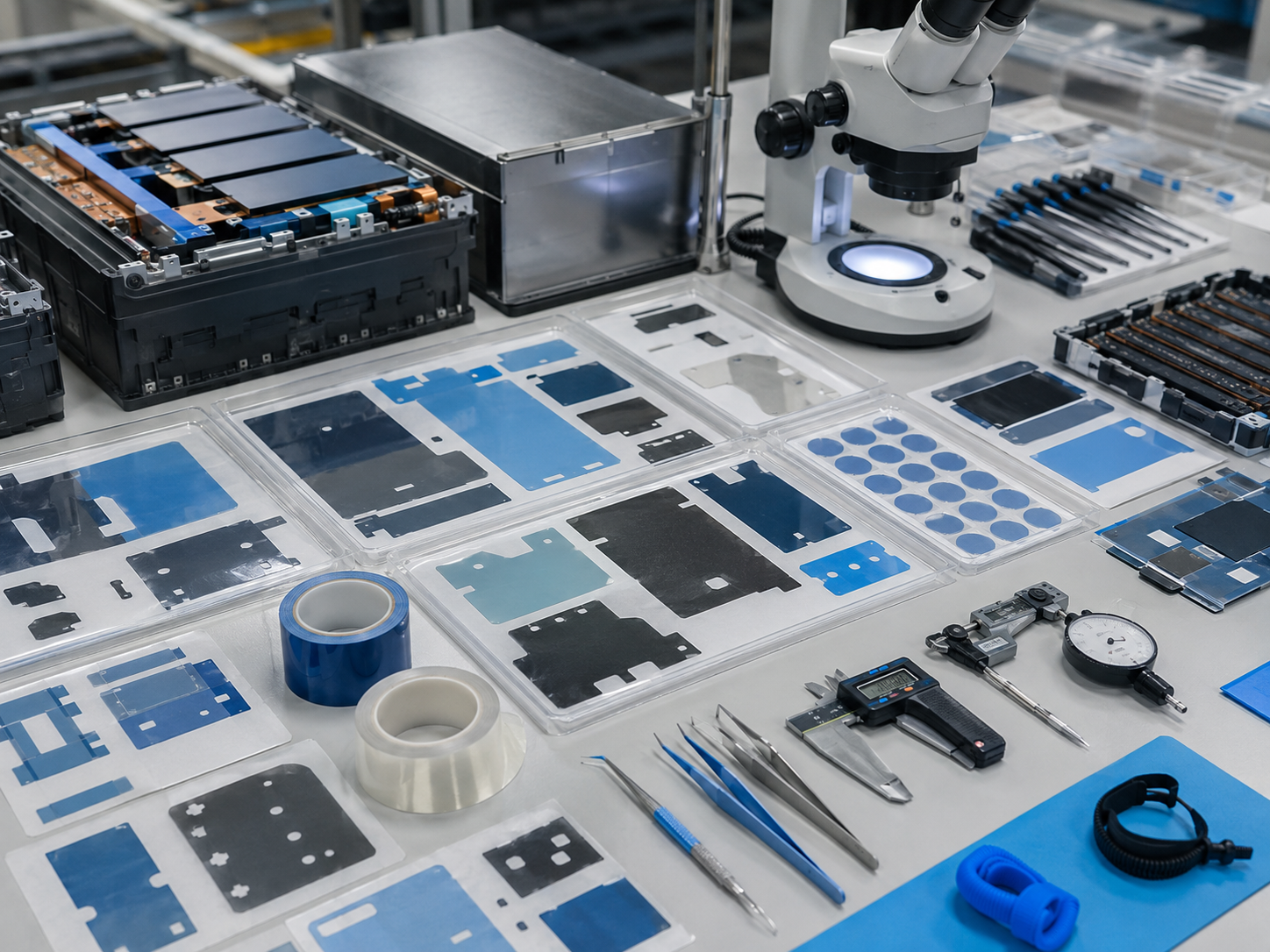 Clean battery and electronics insulation inspection scene showing die cut PET insulation films for battery modules, busbar protection, PCB insulation, connector protection, adhesive-backed PET samples, release liners, anti-static tools, tweezers, calipers, thickness gauges, optical inspection equipment, and organized clean trays