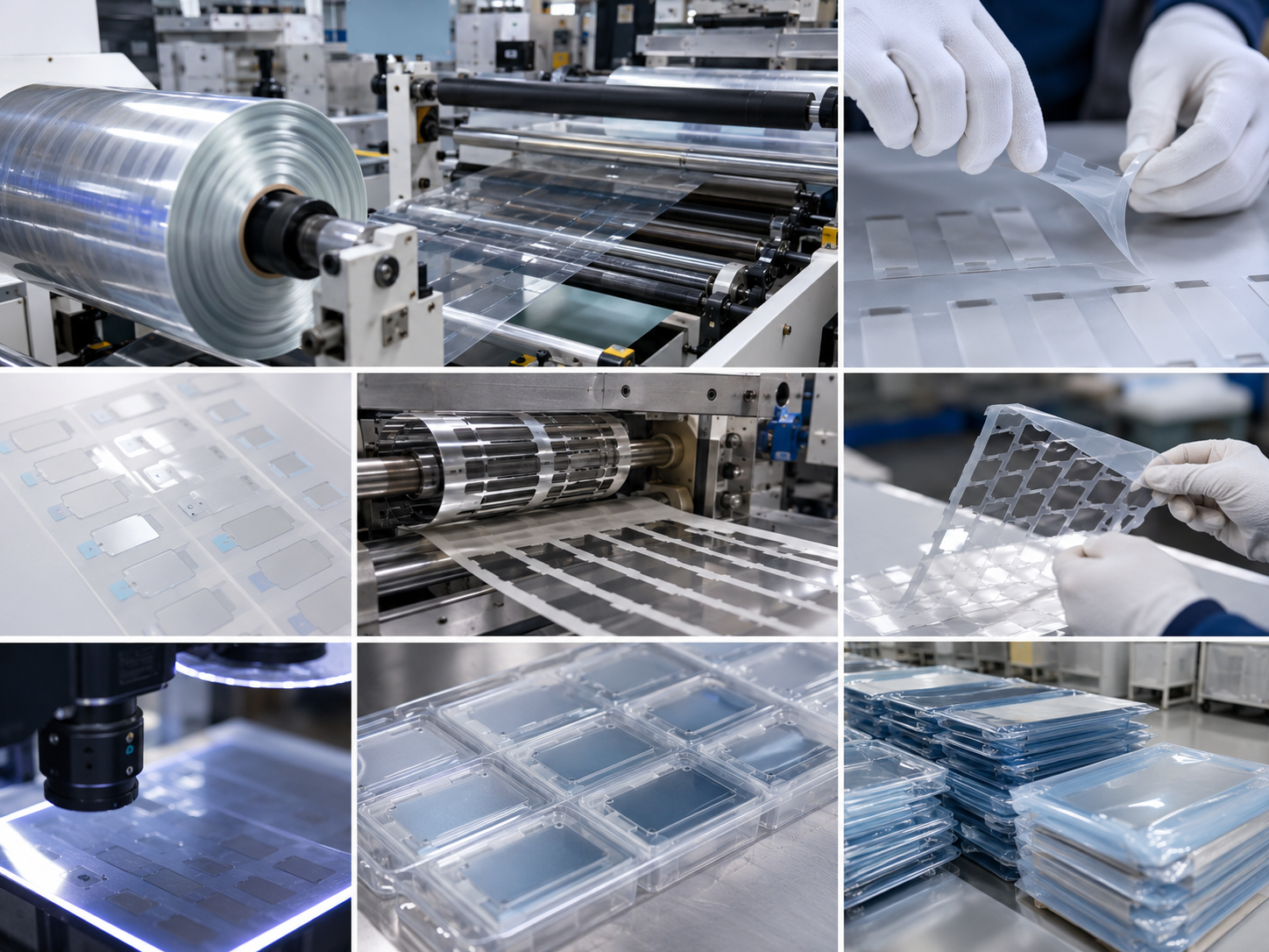 Professional PET insulation film die cutting and material converting scene showing roll-to-roll processing of PET films, adhesive-backed PET film parts, protective films with pull tabs, kiss-cut PET parts on release liner, waste matrix removal, optical inspection tools, clean packaging trays, and organized OEM production batches