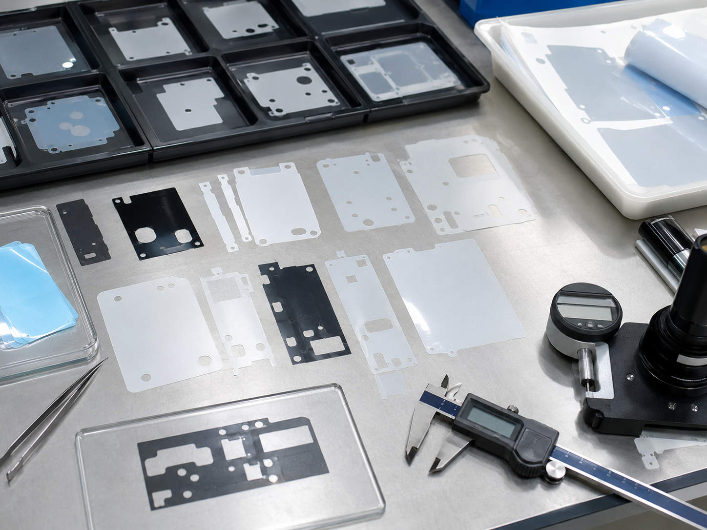 Clean PET insulation film design and inspection scene showing die-cut PET films with holes, slots, windows, rounded corners, pull tabs, adhesive-backed PET samples, release liners, PCB components, connector samples, tweezers, calipers, thickness gauges, and inspection trays