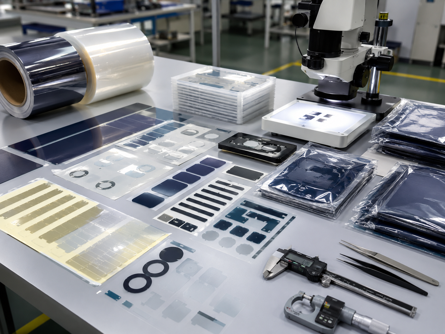 Professional PET insulation film die cutting and packaging scene showing adhesive-backed PET films, kiss-cut PET parts on release liner, battery insulation films, PCB protection films, connector protection pieces, sheets, rolls, clean trays, packaging bags, anti-static tools, digital calipers, and optical inspection equipment