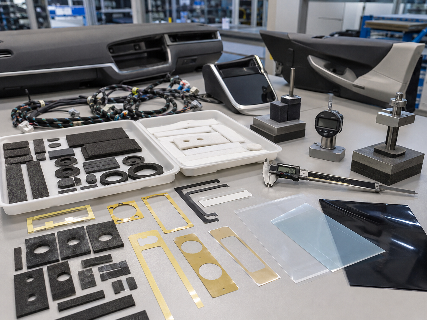 Realistic electric vehicle interior die cut materials overview showing foam anti-rattle pads, non-woven felt strips, rubber damping pads, adhesive tape frames, PET insulation films, protective films, black light-blocking films, dashboard trim samples, center console parts, door panel components, wire harness sections, clean trays, digital calipers, thickness gauges, and compression testing blocks on a professional factory workbench