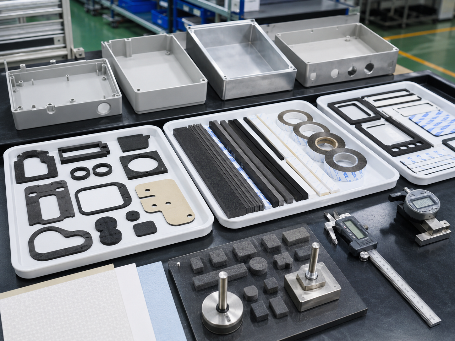 Realistic OEM adhesive-backed foam gasket selection workbench showing die cut foam gaskets, foam tape seals, adhesive-backed foam strips, foam frames, release liners, plastic housings, metal enclosures, electronic module samples, appliance control panel parts, calipers, thickness gauges, compression testing blocks, and clean trays in a professional factory environment