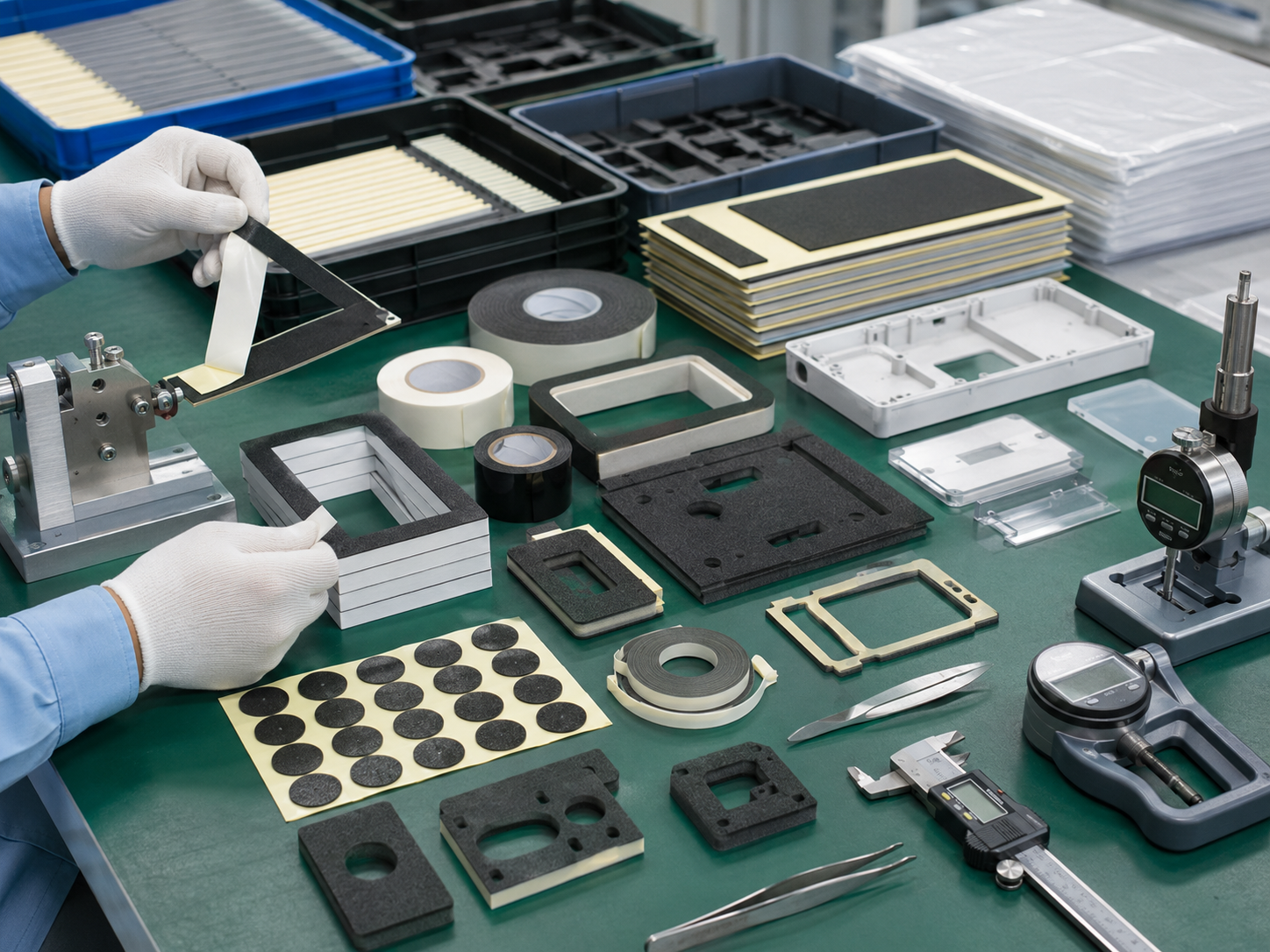 Clean factory inspection scene showing adhesive-backed foam gaskets, foam tape strips, foam frames, plastic bonding samples, metal enclosure samples, release liners, peel testing tools, compression testing blocks, tweezers, digital calipers, thickness gauges, and organized OEM trays