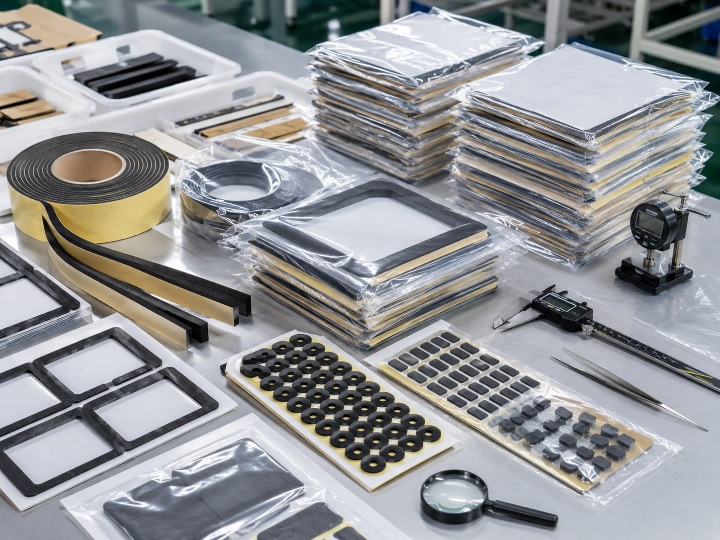 Professional OEM foam gasket packaging scene showing adhesive-backed foam gaskets, foam tape strips, foam frames, kiss-cut parts on release liners, sheets, rolls, kits, clean trays, packaging bags, digital calipers, thickness gauges, and organized production batches on a clean factory workstation
