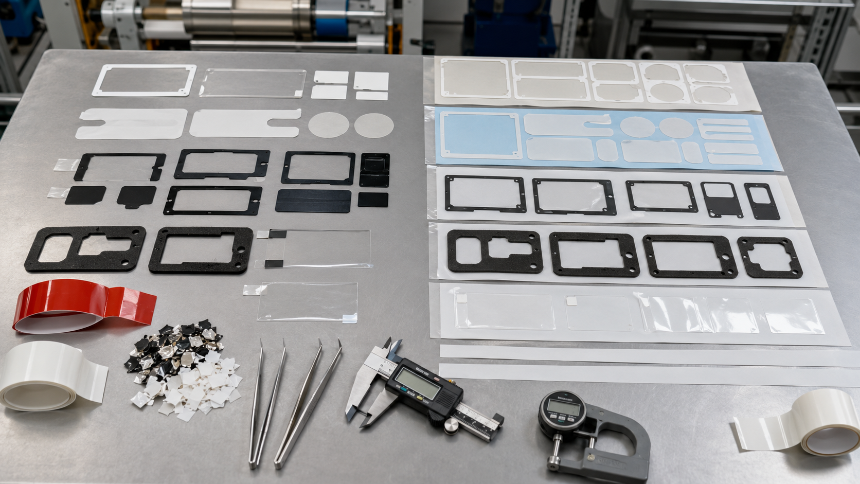 Die cut and kiss cut adhesive parts and protective films on release liners