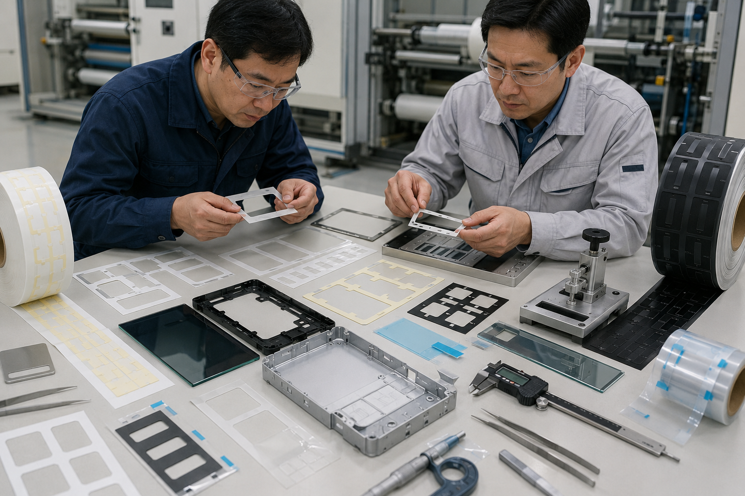 OEM engineer reviewing kiss-cut adhesive frames protective films and release liners
