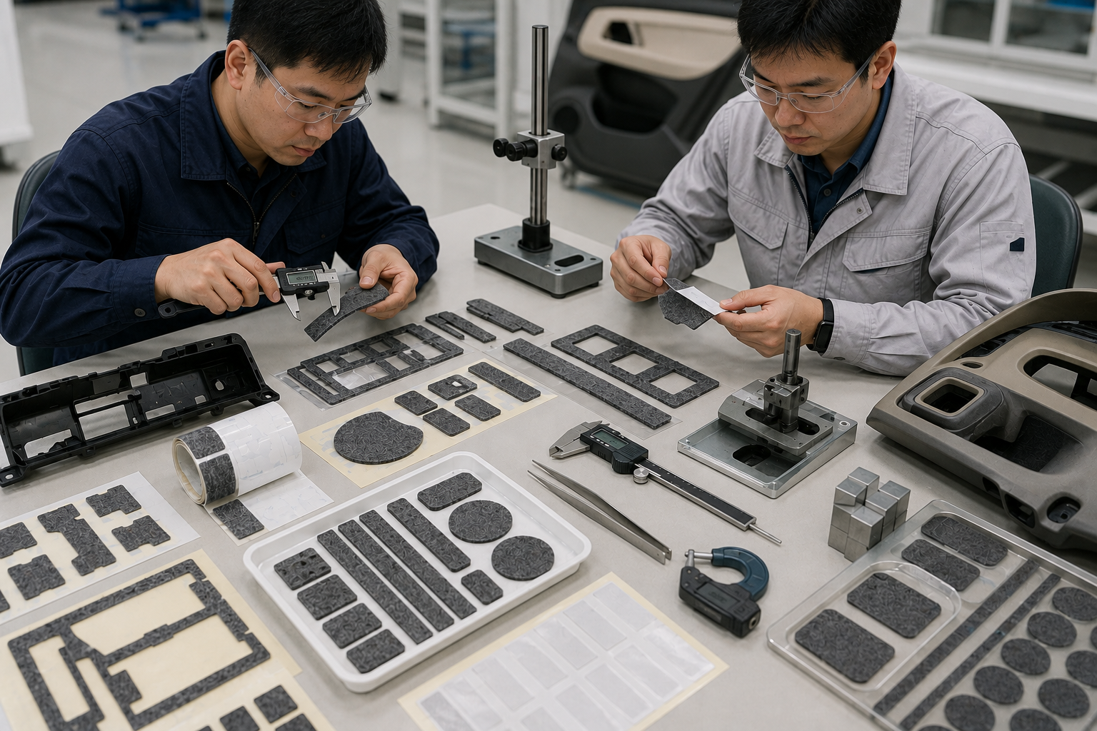 OEM engineers reviewing die cut non-woven felt parts and adhesive-backed components