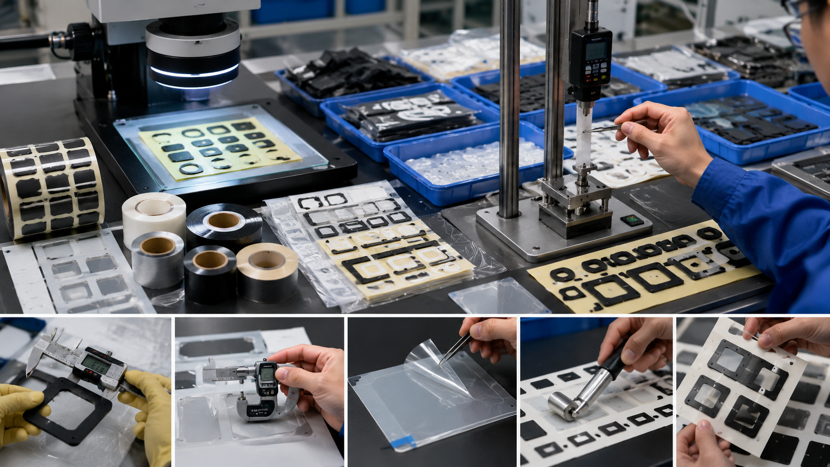 Quality inspection of rotary die cut foam tape film and rubber components using calipers and optical equipment