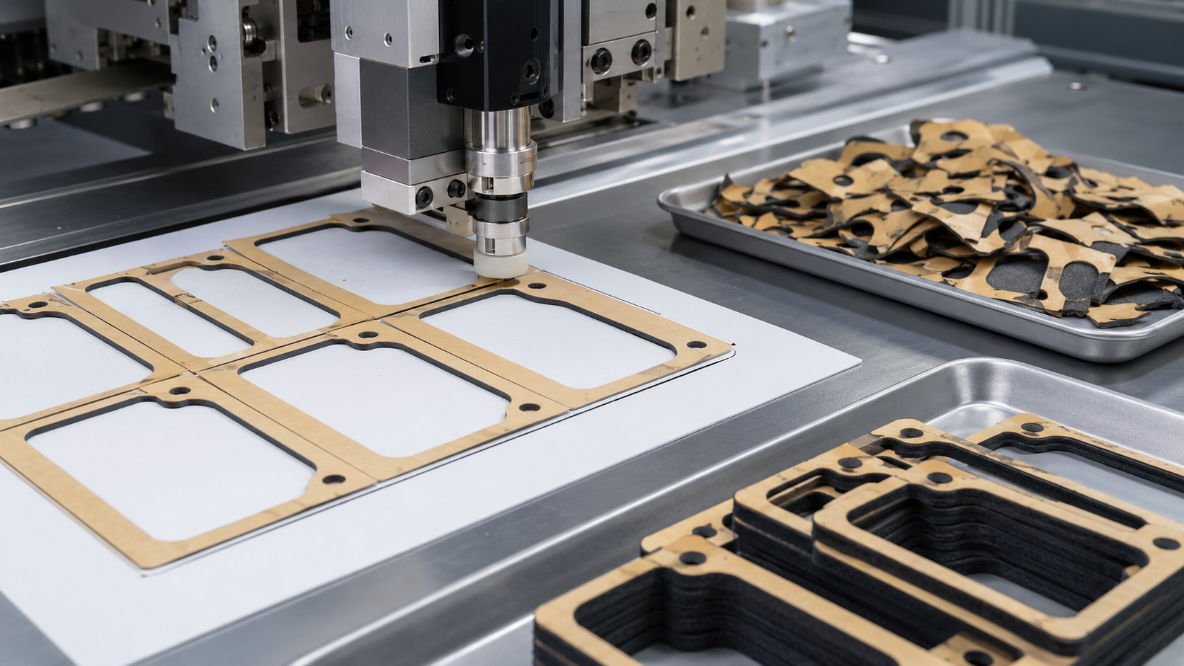 Adhesive-backed foam frames undergoing kiss cutting and controlled waste removal
