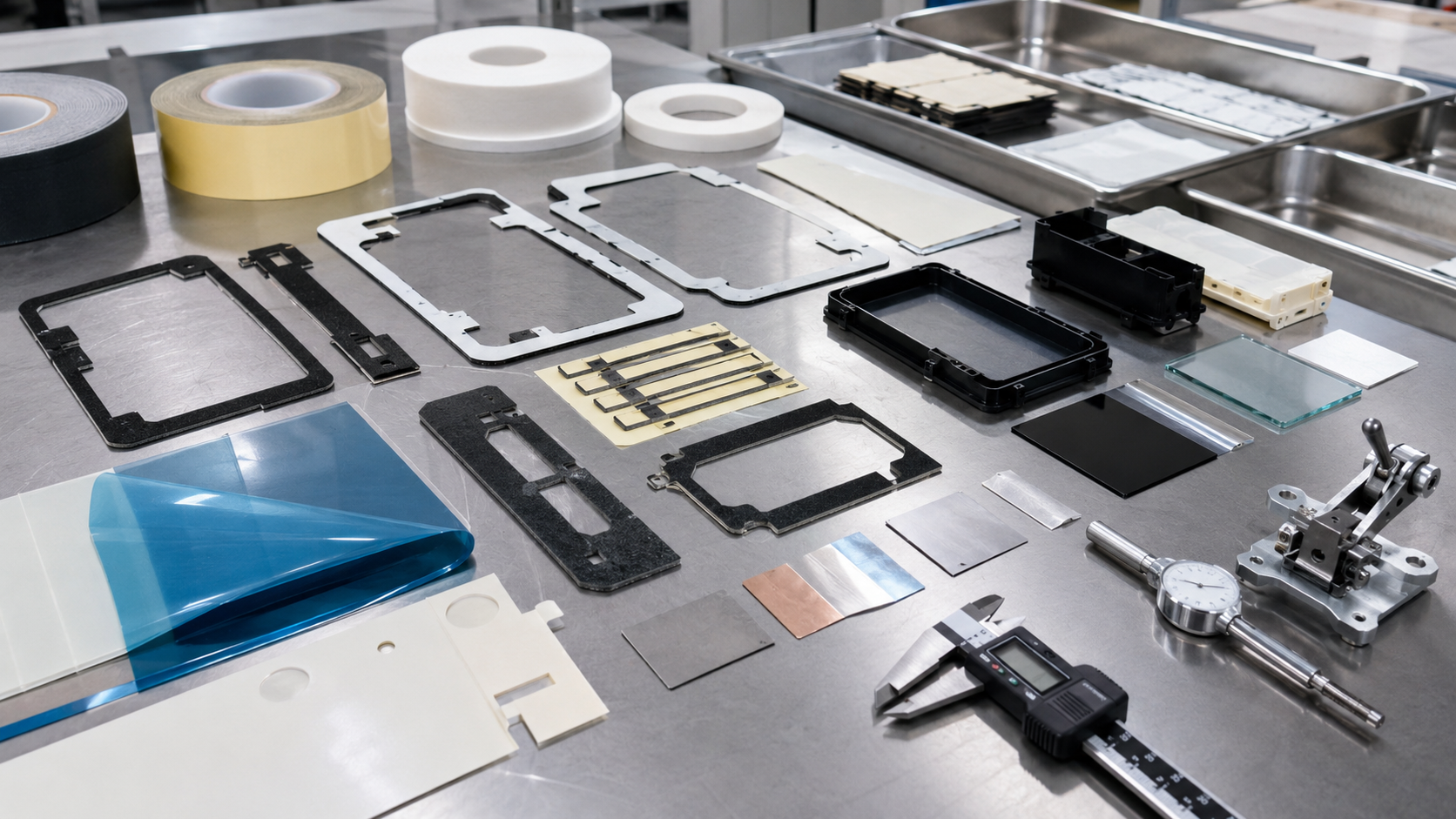 Realistic OEM pressure sensitive adhesive tape workbench showing double-sided tape frames, foam tape gaskets, PET-backed adhesive parts, transfer adhesive films, protective films with pull tabs, release liners, plastic housings, metal bonding samples, glass panels, calipers, thickness gauges, peel testing tools, and clean trays in a professional factory environment