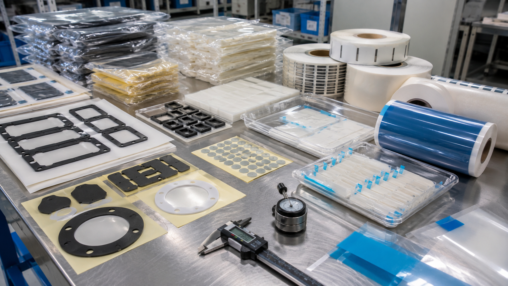 Professional PSA tape die cutting and packaging scene showing kiss-cut adhesive tape frames on release liner, foam tape gaskets, PET-backed adhesive parts, transfer adhesive film parts, protective films with pull tabs, sheets, rolls, clean trays, packaging bags, calipers, thickness gauges, and organized OEM production batches