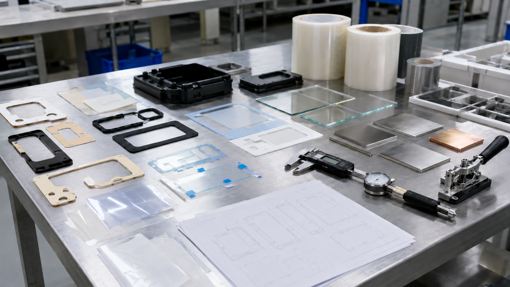 Realistic custom adhesive tape part design workbench showing double-sided tape frames, foam tape gaskets, PET-backed adhesive parts, transfer adhesive films, protective films with pull tabs, release liners, product drawings, plastic housings, metal bonding samples, calipers, thickness gauges, peel testing tools, and clean trays in a professional factory environment