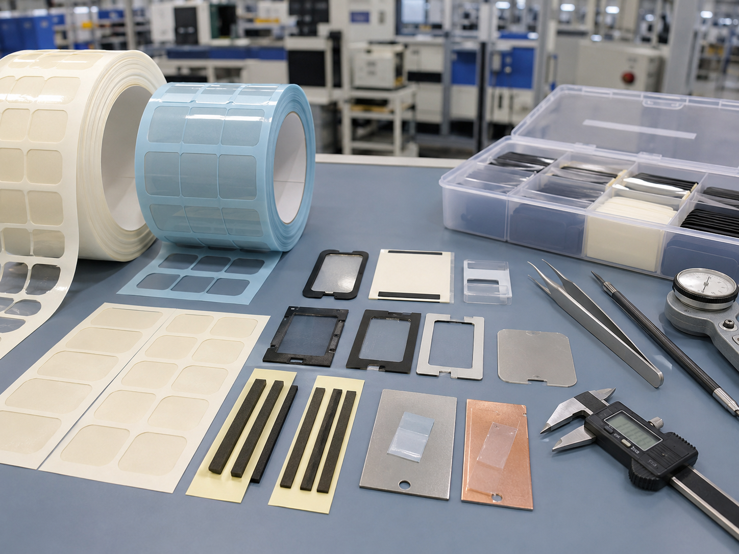 Clean adhesive tape design inspection scene showing kiss-cut tape frames on release liner, pull-tab protective films, PET-backed adhesive parts, foam tape strips, rounded-corner tape frames, plastic and metal bonding samples, tweezers, peel testing tools, calipers, and organized inspection trays