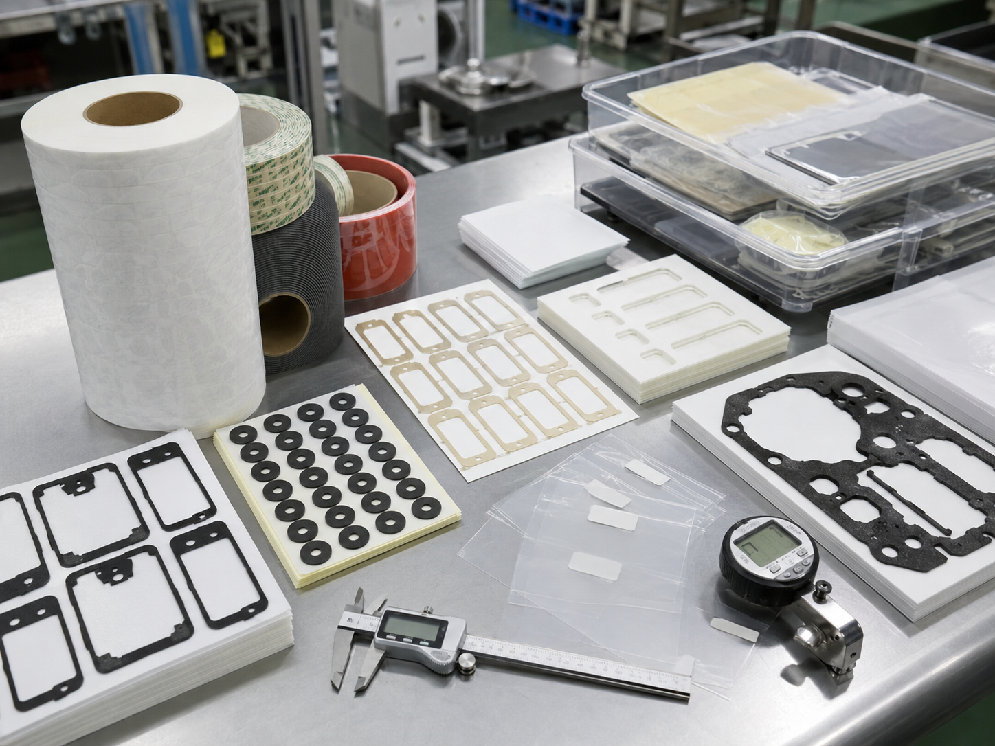 Professional custom adhesive tape die cutting and packaging scene showing kiss-cut adhesive tape frames on release liner, foam tape gaskets, PET-backed adhesive parts, transfer adhesive film parts, protective films with pull tabs, sheets, rolls, clean trays, packaging bags, calipers, thickness gauges, and organized OEM production batches