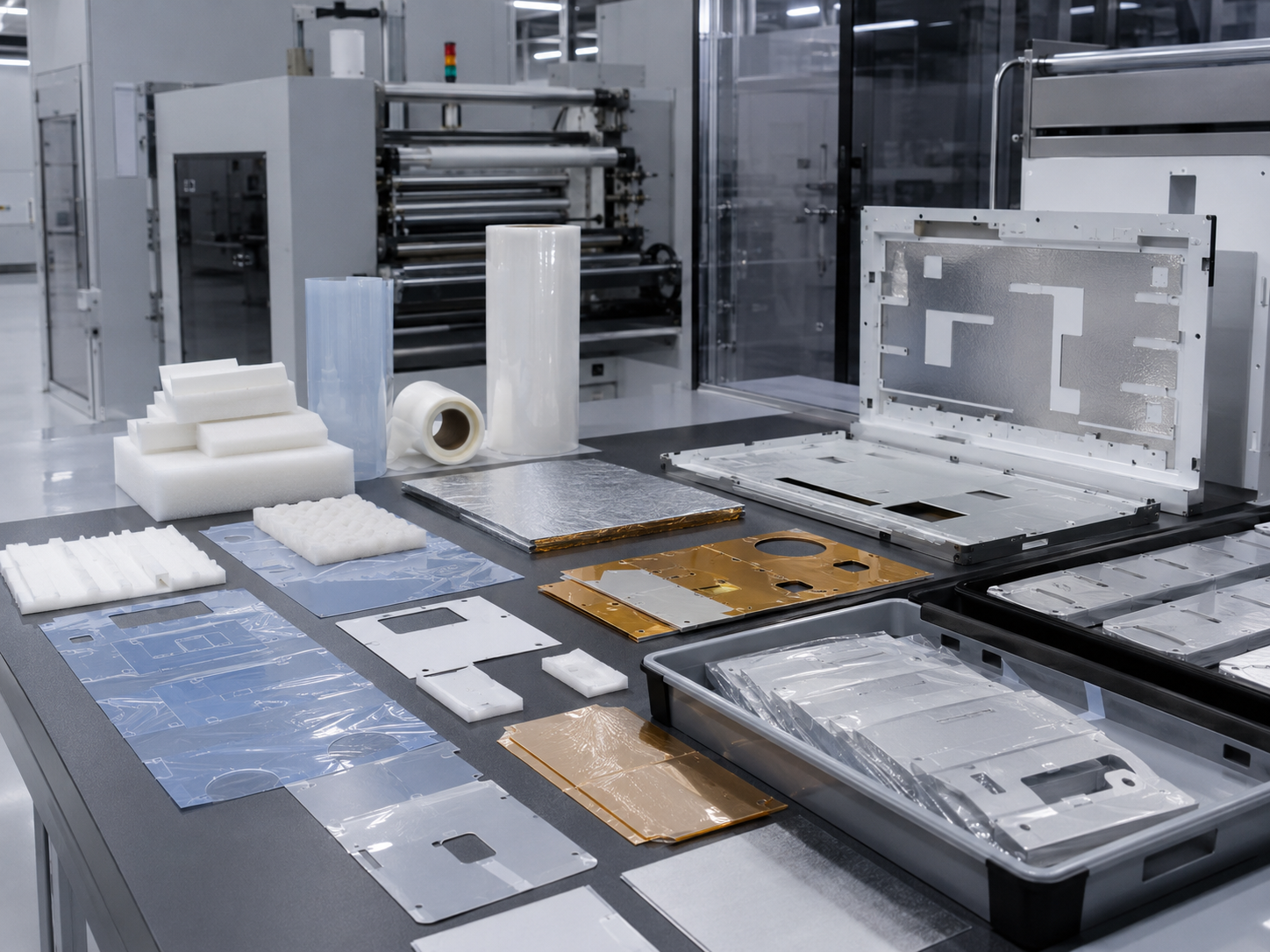 Converted protective films foam pads and insulation materials for equipment assembly